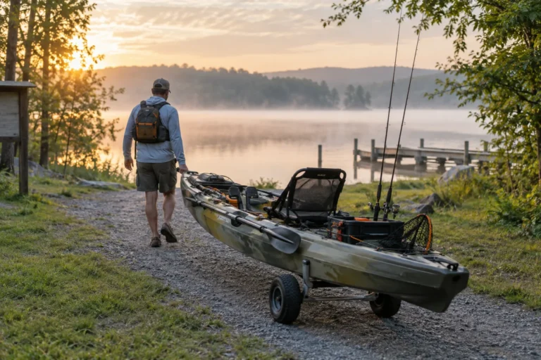 Angler moving a loaded fishing kayak on a cart toward a lakeside launch