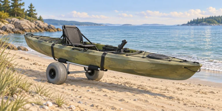 Olive fishing kayak supported by a balloon-wheel cart on a sandy shoreline.