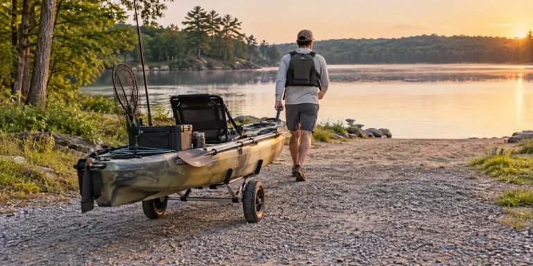 Angler pulling a loaded fishing kayak on a cart down a gravel path toward a lake